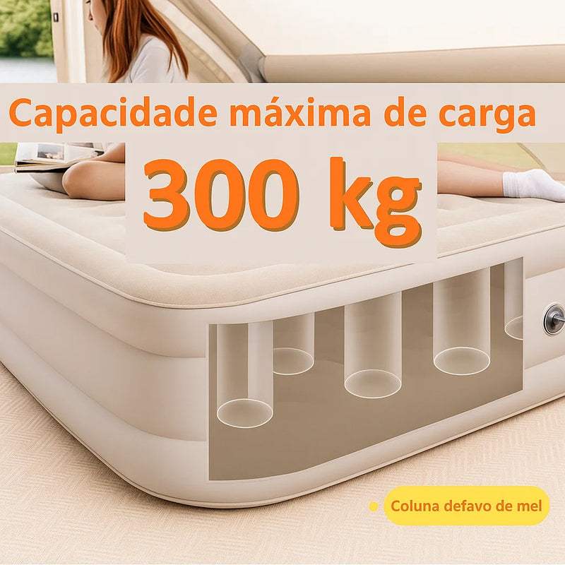 Colchão Inflável Premium c/ Bomba Bivolt Integrada – Infla/Desinfla Express, Suede Aveludado