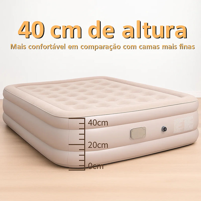 Colchão Inflável Premium c/ Bomba Bivolt Integrada – Infla/Desinfla Express, Suede Aveludado