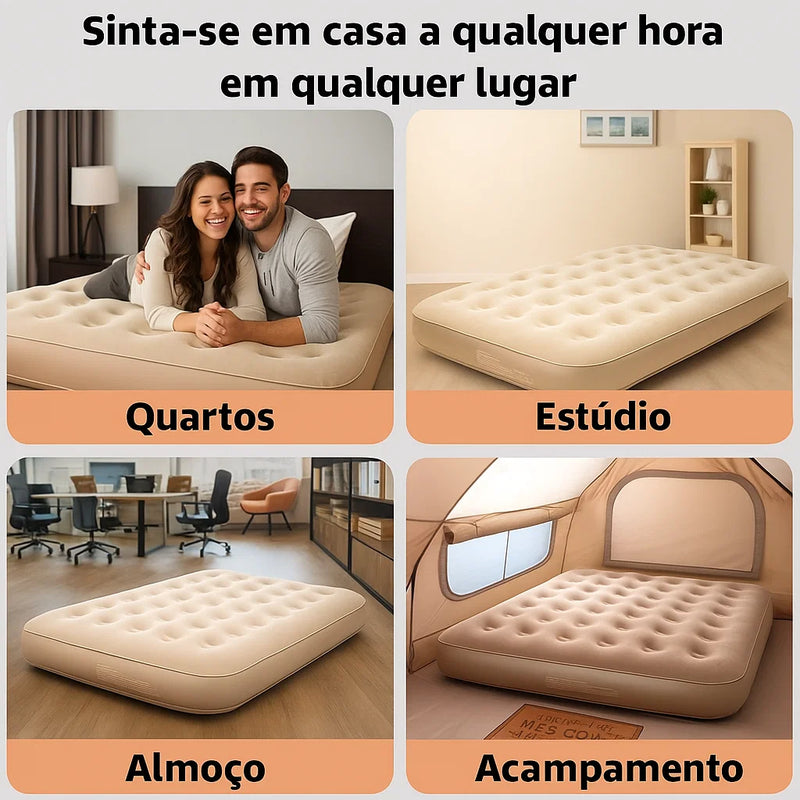 Colchão Inflável Premium c/ Bomba Bivolt Integrada – Infla/Desinfla Express, Suede Aveludado